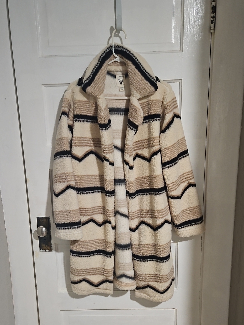 Billabong Cream Sherpa Coat with Black and Tan Stripes